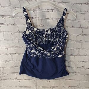 Lands' End Tankini Swim Top Underwire Tummy Control Floral Ruched Blue White 12